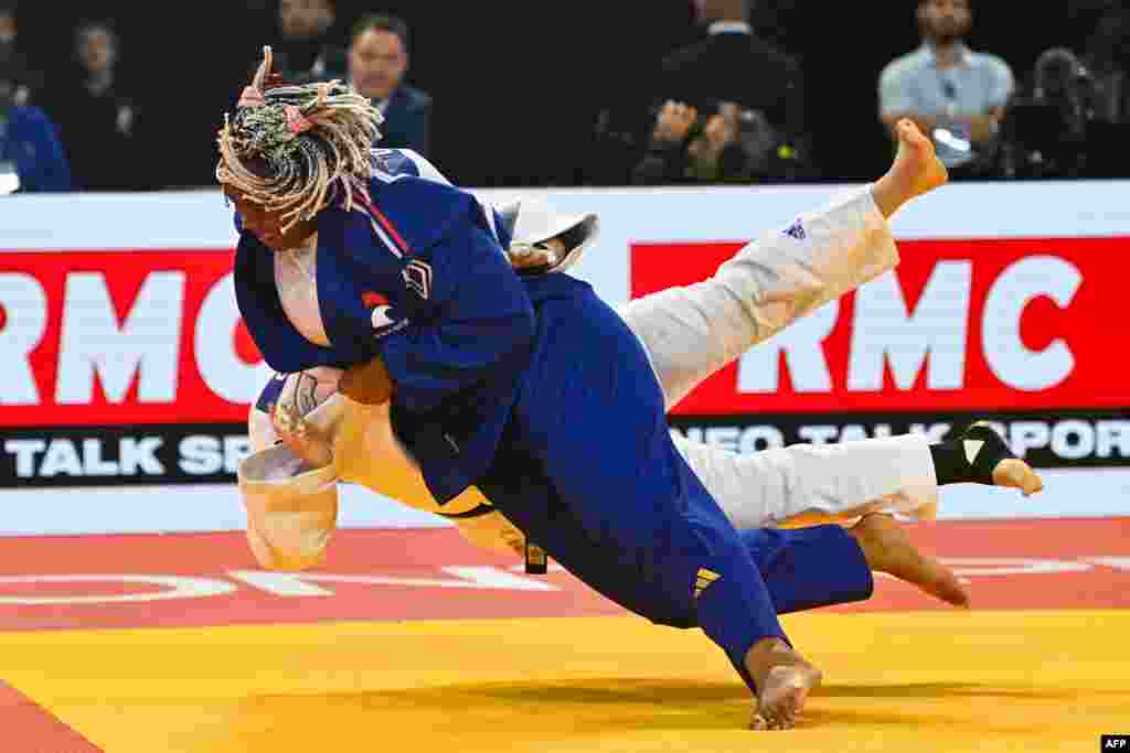 France's Romane Dicko (blue) and Israel's Raz Hershko (white) compete in the women's +78 kg final during the European Judo Championships 2023 at the Sud de France Arena in Montpellier, southern France.