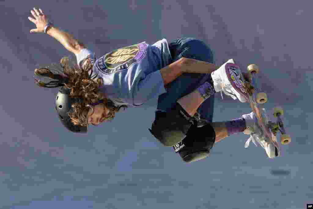 Minna Stess of the United States competes in the Women's final of the Skateboard Park 2023 World Championships, a qualifying event for the Paris Olympic Games, at Ostia's Skatepark outside Rome, Italy.