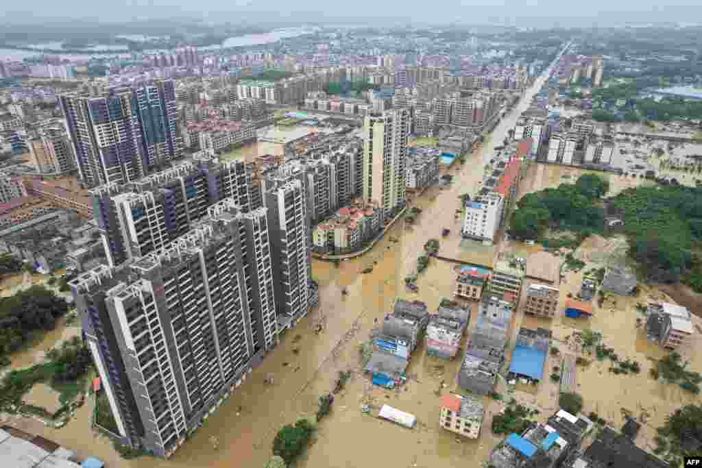 Flooded buildings and streets are seen after heavy rains in Qingyuan city, in China's southern Guangdong province.