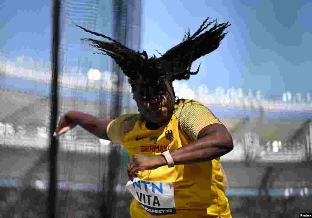 Germany's Claudine Vita competes in the women's discus throw during the World Athletics Championship at the National Athletics Center in Budapest, Hungary.