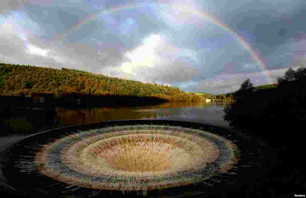 A Ladybower reservoir plug hole is seen after heavy rain from Storm Babet, Castleton, Britain.