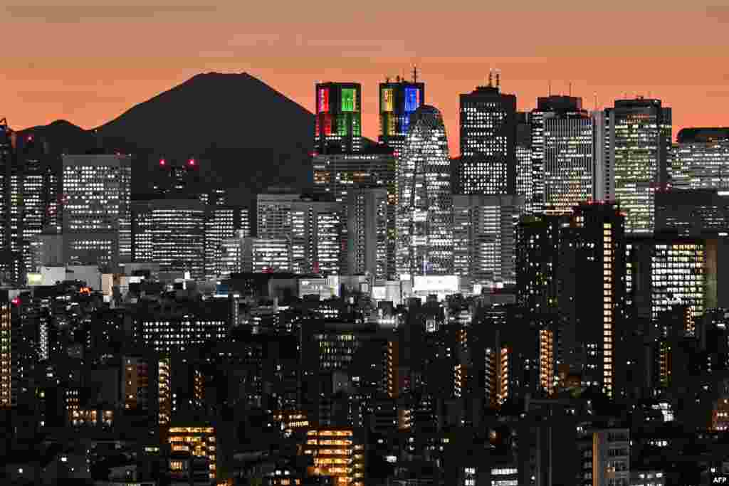 Mount Fuji (back L), Japan's highest mountain at 3,776 meters (12,389 feet), is silhouetted during sunset behind the high-rise buildings of the Shinjuku area in downtown Tokyo.