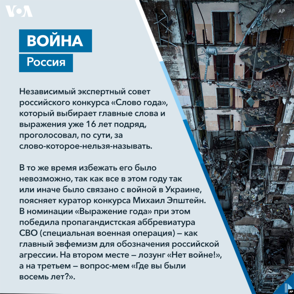 Независимый экспертный совет российского конкурса «Слово года», который выбирает главные слова и выражения уже шестнадцать лет подряд, проголосовал, по сути, за слово-которое-нельзя-называть. В то же время избежать его было невозможно, так как все в этом году так или иначе было связано с войной в Украине, поясняет куратор конкурса Михаил Эпштейн. В номинации «Выражение года» при этом победила пропагандистская аббревиатура СВО (специальная военная операция) — как главный эвфемизм для обозначения российской агрессии. На втором месте — лозунг «Нет войне!», а на третьем — вопрос-мем «Где вы были восемь лет?» 