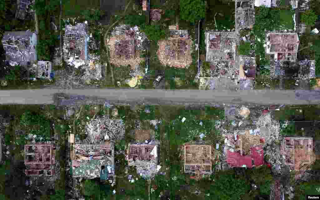 A view of a shelled area in Vilkhivka in the outskirt of Kharkiv, Ukraine, amid Russia's attack on Ukraine, May 28, 2022.