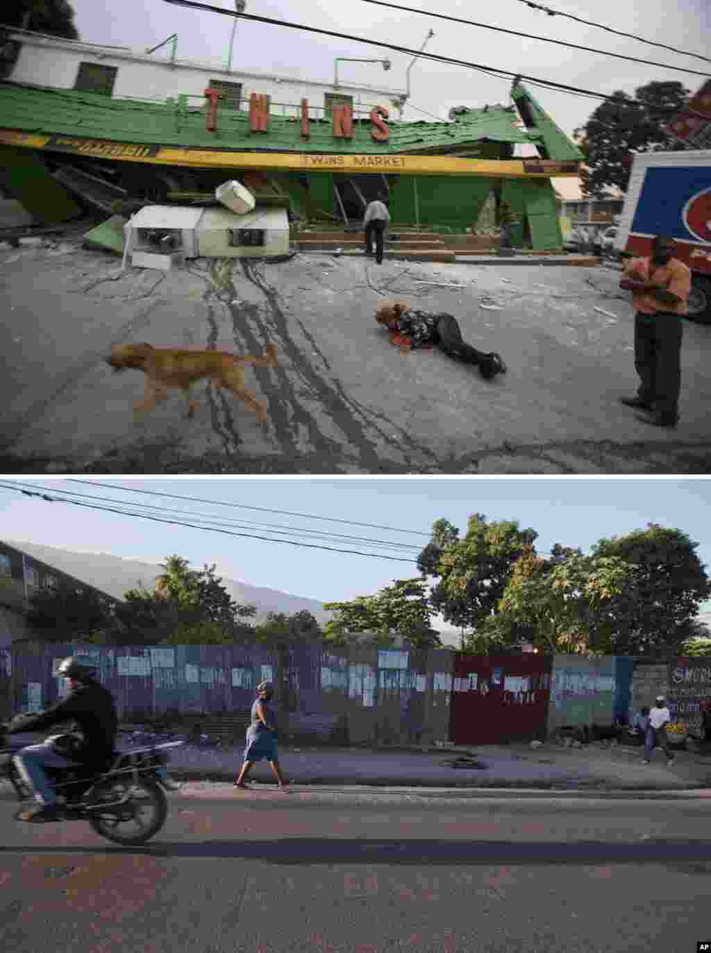 FILE - At top, Jan. 12, 2010, the Twins Market the day it collapsed during a 7.0 earthquake that struck Port-au-Prince, Haiti; below, Jan. 10, 2015, only a metal fence stands.