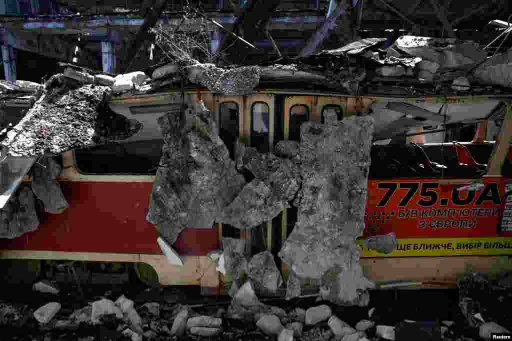 A damaged tram is pictured at a shelled tram depot in Kharkiv, amid Russia's attack on Ukraine.