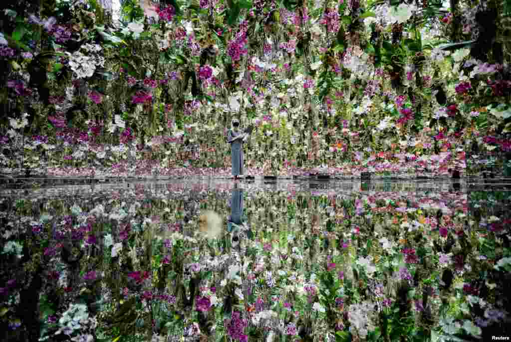 A teamLab staff member works inside the "Floating Flower Garden", which consists of a three-dimensional mass of flowers, at teamLab Planets in Tokyo, Japan.