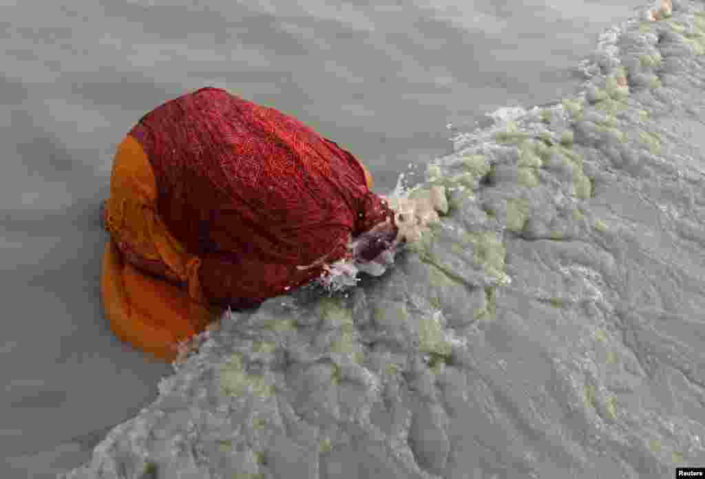 Seorang peziarah perempuan Hindu berenang di pertemuan Sungai Gangga dan Teluk Benggala di Pulau Sagar, sebelah selatan Kolkata, India, 14 Januari 2013. Biksu dan peziarah Hindu melakukan perjalanan tahunan ke Pulau Sagar untuk festival satu hari "Makar Sankranti."