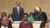 US President Barack Obama (L), alongside African Union Chairperson Nkosazana Dlamini Zuma (R), arrives to speak about security and economic issues and US-Africa relations in Africa at the African Union Headquarters in Addis Ababa, on July 28, 2015. 