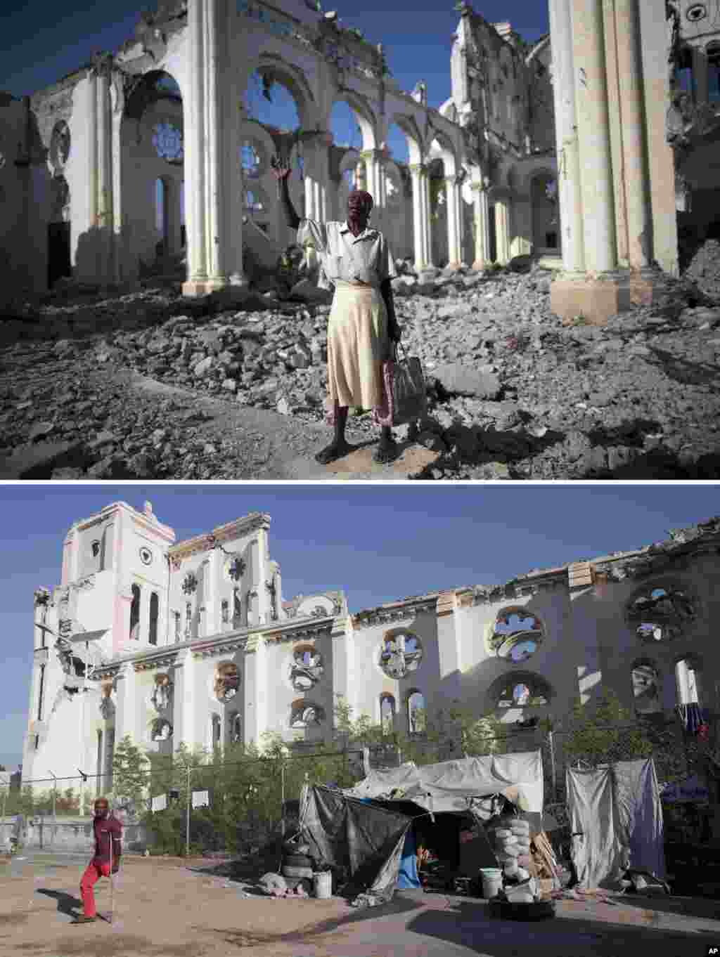 FILE - At top, Jan. 12, 2010, Marie La Jesula Joseph praying outside the Cathedral the day it was destroyed by a 7.0 earthquake that struck Port-au-Prince, Haiti; below, five years later, Jan. 10, 2105, shows the structure still in disrepair.