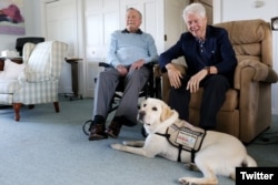 FILE - Former President George H.W. Bush, left, and former President Bill Clinton, visiting Bush, are pictured with Sully at Bush's home in Kennebunkport, Maine, June 25, 2018.