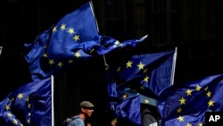Anti Brexit protestors wave their flags opposite Parliament in London, Thursday, Aug. 29, 2019.