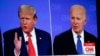 El presidente estadounidense Joe Biden (der) y el ex presidente y candidato presidencial republicano Donald Trump son vistos en un proyector de pantalla durante una celebración de la Coalición Conservadora de Michigan en Novi, Michigan, EEUU, el 27 de junio de 2024.