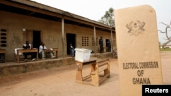 FILE - A sign for Ghana's Electoral Commission is seen at a polling station in Accra during a previous poll.