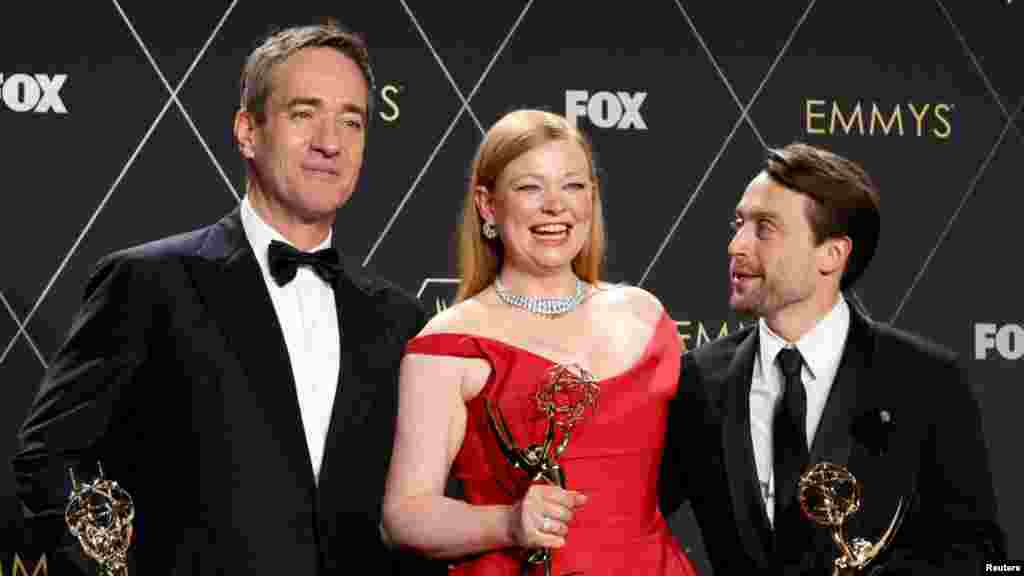 Matthew Macfadyen, Sarah Snook and Kieran Culkin from "Succession" pose together with awards, at the 75th Primetime Emmy Awards in Los Angeles, California, Jan. 15, 2024.
