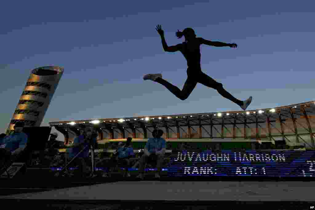 JuVaughn Harrison competes during the finals of the men's long jump at the U.S. Olympic Track and Field Trials, June 27, 2021, in Eugene, Oregon.