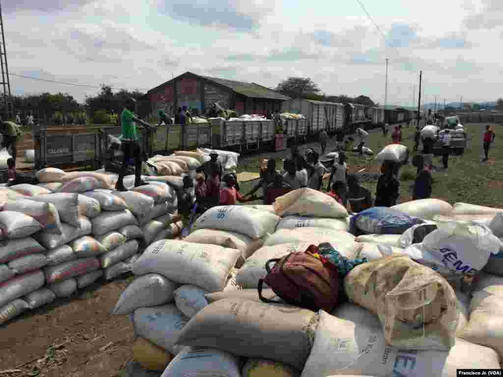 Sacos de sementes na estação dos Caminhos de Ferro de Moçambique em Moatize