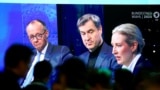 Теледебаты кандидатов на пост канцлера - лидера ХДС Фридриха Мерца, опредседателя крайне правой партии Германии «Альтернатива для Германии» (АдГ) Алисы Вайдель и премьер-министра Баварии и лидера ХСС Маркуса Зёдера после первых экзит-полов. Германия, 23 февраля 2025 г