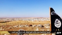 Una imagen proporcionada por un medio de propaganda islamista presuntamente muestra la bandera yihadista en una meseta, al sur de Kobani, Siria.
