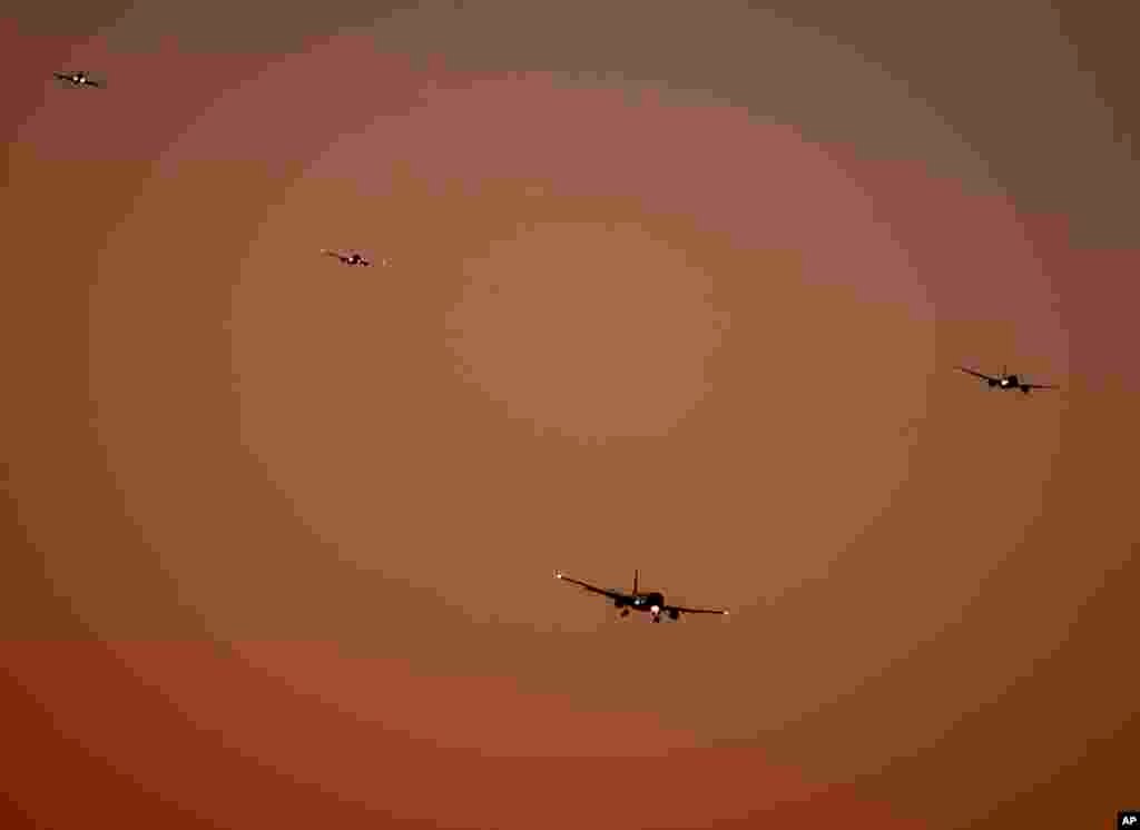 The first aircraft approach the international airport in Frankfurt, Germany, right after the landing ban ended.