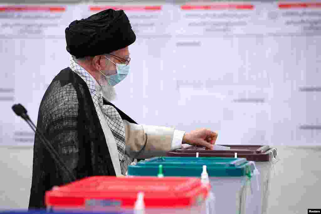 Iran's Supreme Leader Ayatollah Ali Khamenei casts his vote during Iranian presidential election in Tehran, Iran. (Official Khamenei Website/Handout via Reuters)